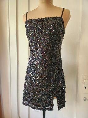 wild fable Black Iridescent Sequin Corset-Back Square Neck Mini Dress